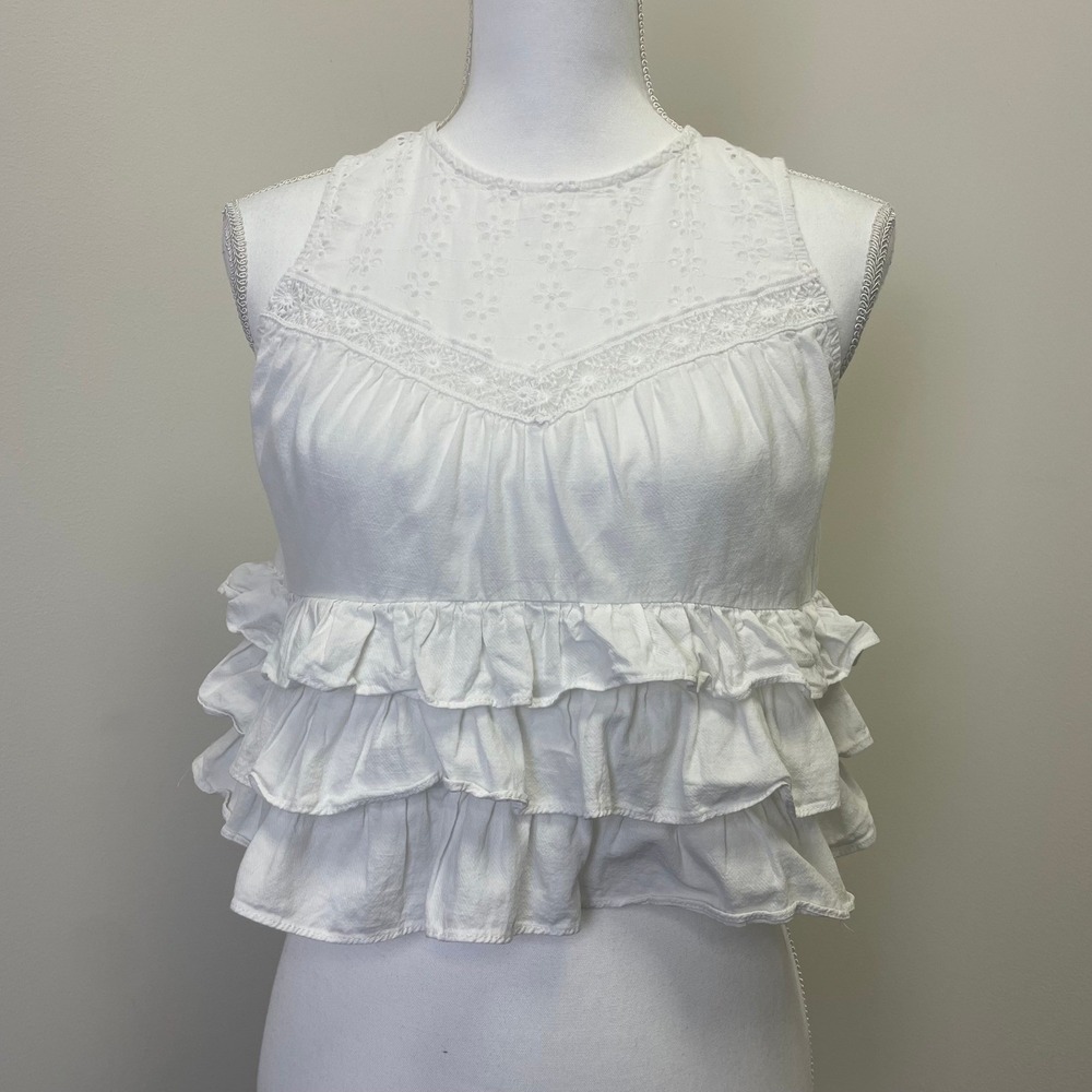 Idem Ditto White Eyelet Lace Tiered Ruffle Sleeveless Crop Top Small Boho